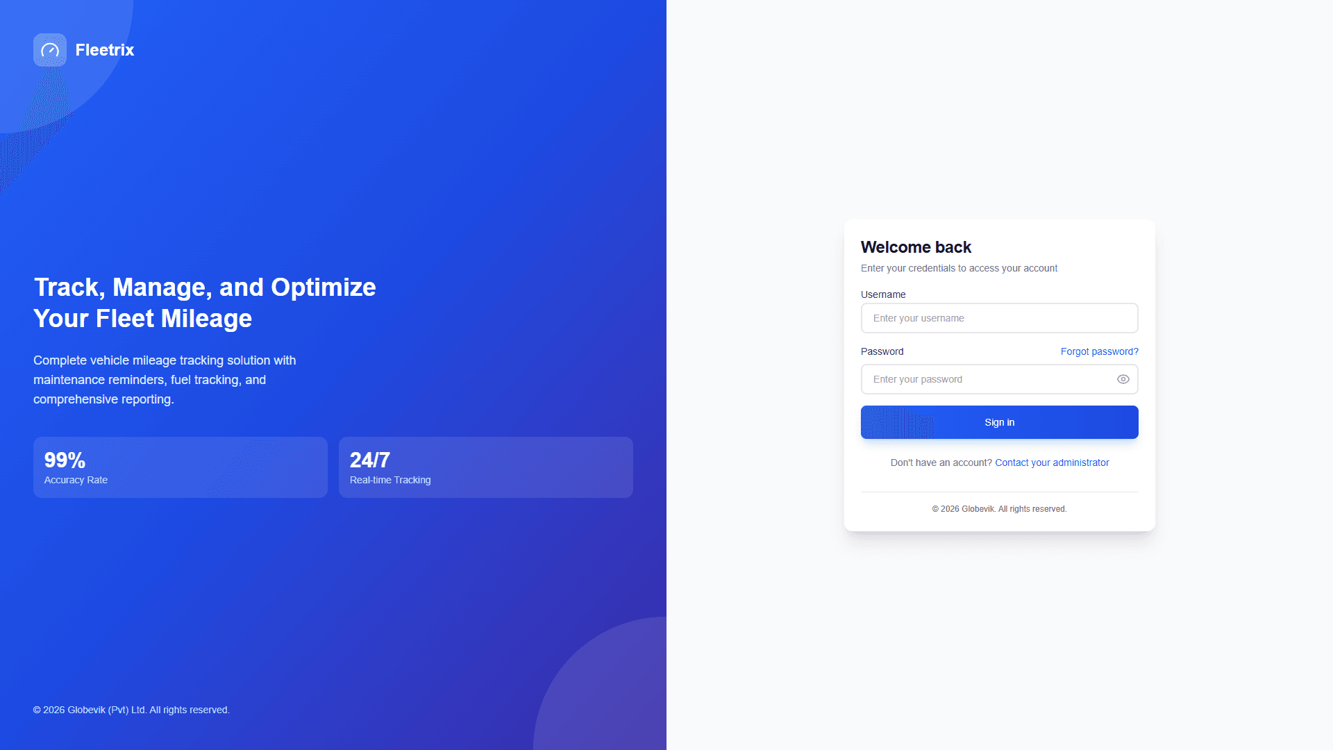 Fleetrix login and authentication UI